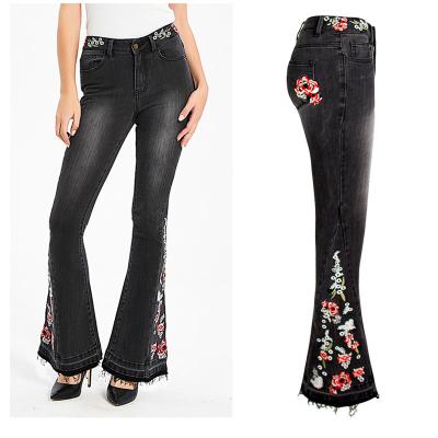 China Supplier Apparel Breathable Spring And Autumn New Fashion Embroidered Flower Flared Wide Leg Jeans For Women for sale