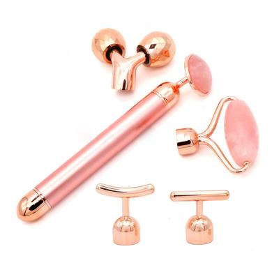 China Face Lift 100% Rose Quartz Stone Massager Handmade Natural 5 in 1 Rose Quartz Jade Roller for Face Jade Facial Roller for sale