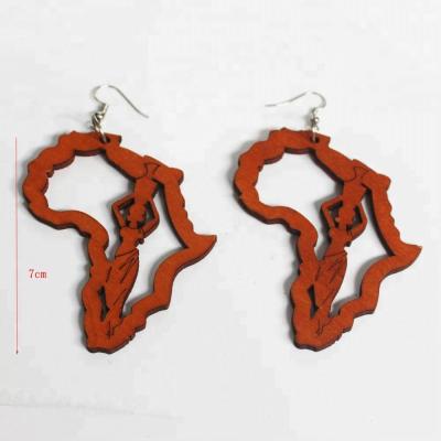 China Trendy Brown Xus Africa Map Laser Engraving Wooden Earrings Laser Cut Wooden Earrings for sale