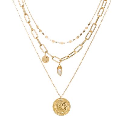 China Wholesale BOHEMIA Women's Necklace 18k Gold Coin Necklace Multilayer Natural Freshwater Pearl Necklace Pendant for sale