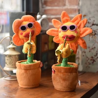 China OEM Custom Made Eco - Friendly Dancing Sun Flower With Music Playing Saxophone Plush Toy for sale