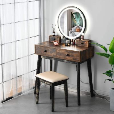 China Extendable Vanity Table Makeup Table with 3-Color Touch Screen Wooden Mirror Stool Bedroom Dressing Table with 4 Storage Drawers for sale