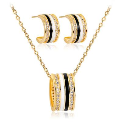 China FASHIONABLE Trendy Gold Plated Black And White Design Enamel Jewelry Set With Rhinestone For Women for sale