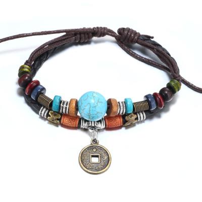 China Vintage Vintage Coin Antique Turquoise Natural Stone Alloy Beads Leather Strings Pendant Necklace for sale