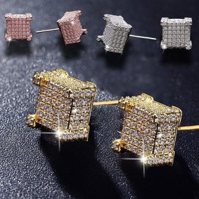 China New Fashion Hiphop Hip Hop Gold Color Bling Cubic Zircon Square Stud Earrings For Women Men for sale