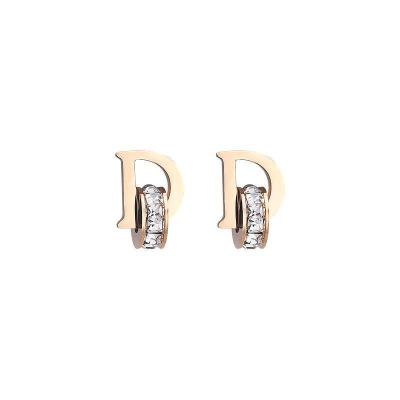 China New FASHIONABLE Famous Brands Stainless Steel Letter D Shape With Diamonds Zircon Design Stud Earrings For Women Party for sale