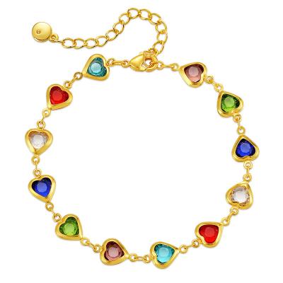 China Beautiful Religious 18K Gold Plated Colorful Candy Heart Shape Zircon Design Metal Alloy Bracelet For Women for sale