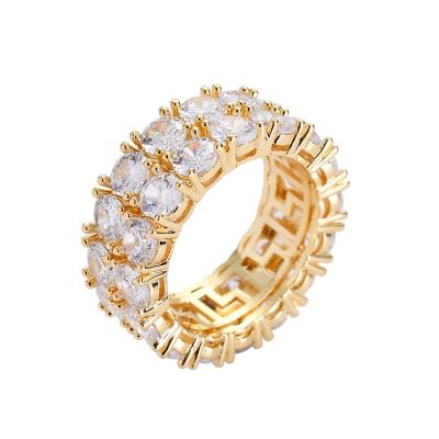 China Hot Selling Hop Punk Shiny Gold Plated Full Diamonds AAA Zircon Double Row Copper Tennis Ring Wedding Rings for sale