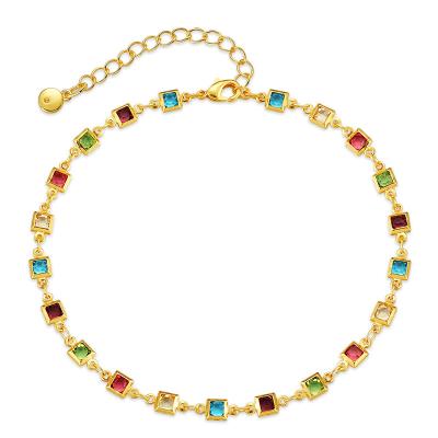 China Luxury Bohemian Style 18K Gold Plated Zircon Colorful Square Design Adjustable Anklet Chain For Women Gift for sale