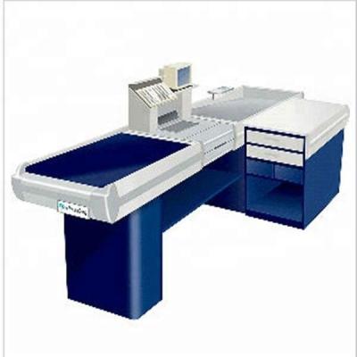 China Popular Retailer Shops PVC Material Motorizrd Checkout Counter With Conveyor for sale