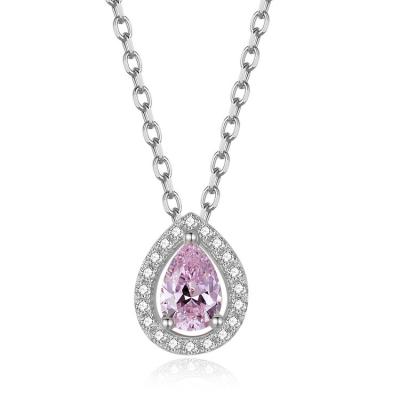 China BAROLI Romantic Hot Sale 925 Sterling Silver Elegant Necklace Pear Cut Cubic Shape Pink Ziron Halo Jewelry Solitaire Woman Pendant Fine for sale