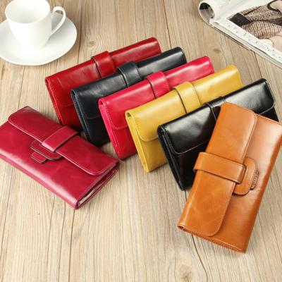 China Fashion handmade women pinch style three side leather oil wax leather ladies long wallet for women for sale