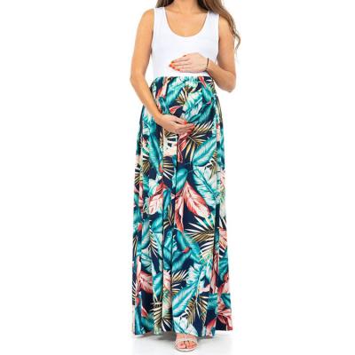 China Antibacterial Loose Fit Pregnant Women Soft Sleeveless Floral Maternity Maxi Dresses for sale