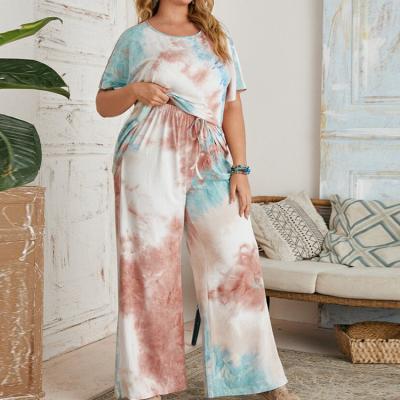 China Summer Viable Custom Outfits Polyester Tie Dye Casual Suits For Women Plus Size Tee And Pant Sets for sale