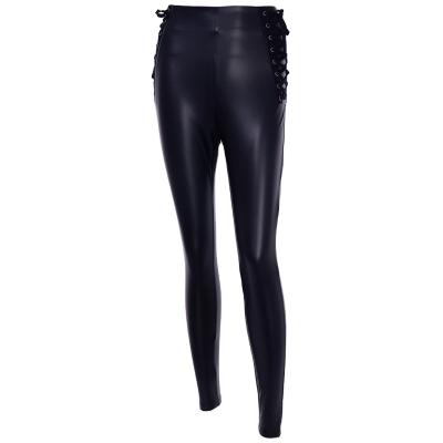 China Anti-Wrinkle Winter Side Waist Drawstring Back Zipper Fleece Scratching Women PU Leather Skinny Pants for sale