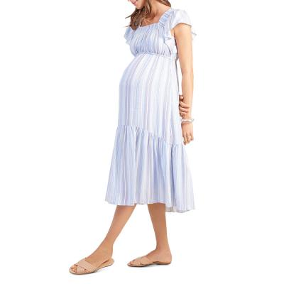 China Wholesale Custom Pregnant Fashion Clothes Anti-allergy Elegant Casual Women Float To Shapewear Midi Tiered Striped Maternity Dress for sale