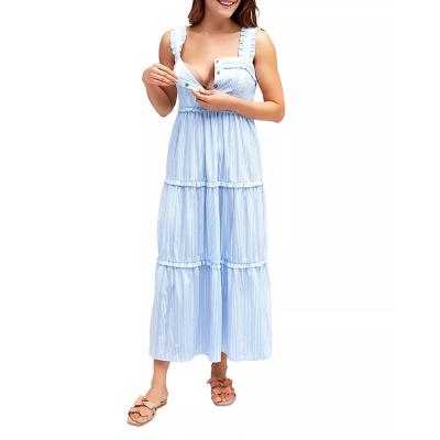 China Wholesale Custom Pregnant Women Casual Elegant Cotton Anti-allergy Fashion Clothes Tiered Floral Ruffle Trim Maternity Maxi Dress for sale