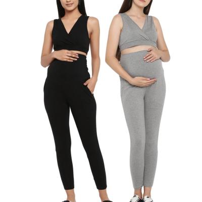 China Wholesale Fashion Anti-allergy Elasticity Over Belly Pregnancy Leggings Maternity Pants And Tops Custom Designed Pregnant Woman Yoga Set for sale