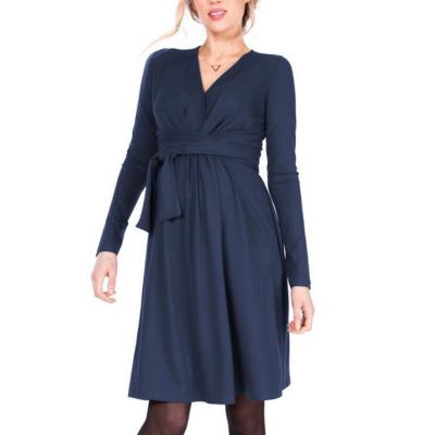 China OEM Breathable Wholesale Mom Wear Ladies Clothes Maternity Nursing Nursing Dress Mini Belt Wrap Long Sleeve Pregnant Solid Women for sale