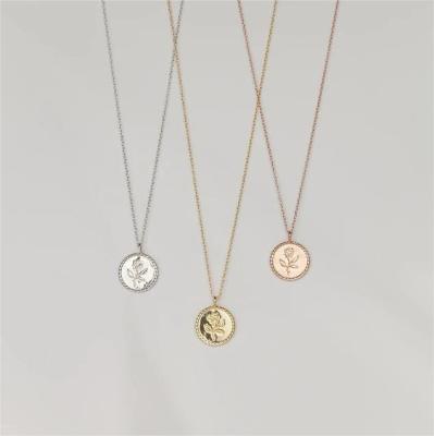 China Vintage Style Rose Coin Necklace Gifts For Women Nickel Free, Gold Plated Circle Flower Pendant, Coin Mirror Twist Garland Frame Necklace for sale