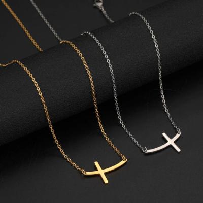 China Wholesale High Quality Nickel Free Stainless Steel Curve Side Cross Necklace, High Polished Classic Gold Cross Necklace for sale