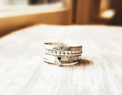 China Customized Name Nickel Free Stacking Rings 18k Gold Plated Laser Engraving Rings For Girls With Crystal Unique Jewelry for sale