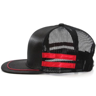 China breathable & New Deigh Waterproof Satin Black / Red Flat Brim Mesh Trucker Hat Trucker Cap for sale