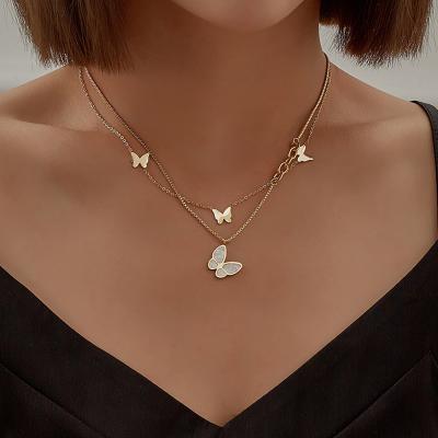 China Trendy Trendy Fashion Butterfly Stainless Steel Jewerly Women Necklace Double Layer Gold Pendant Necklace for sale