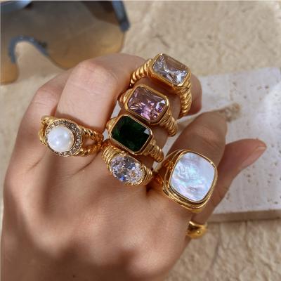 China New Arrival FASHIONABLE Design Geometric Square Zircon Flower Ring 18K Gold Plated Stainless Steel Ring Jewelry for sale