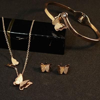 China TRENDY Korean Rose Gold Butterfly Necklace Earring Set Fashion 316L Stainless Steel Jewelry Set Bracelet for sale