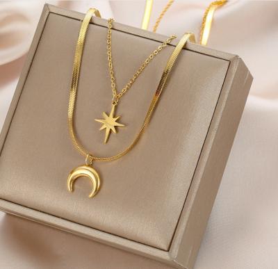 China QIFEI FASHIONABLE Simple Eight Pointed Star Double Pendant Necklace Jewelry Stainless Steel Stainless Steel Moon Necklace for sale