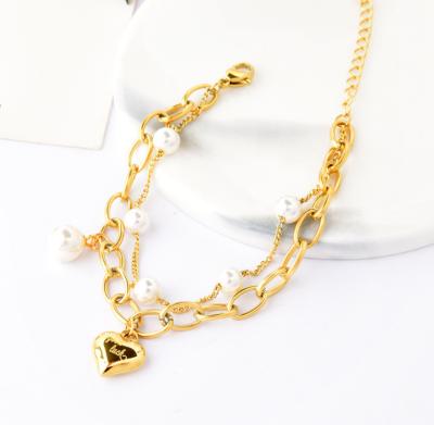 China Hiphop QIFEI Stainless Steel Thick Chain Gold Plated Heart Letter Bracelet Dangling Bead Love Bracelet Women for sale