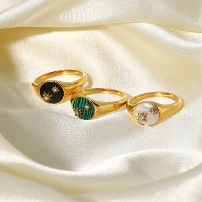 China TRENDY INS Fashion Gold Plated Stainless Steel Rings Jewelry White Zircon Shell Malachite Eight-Star Rings for sale