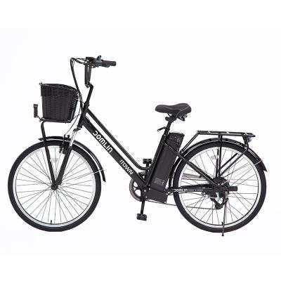 China Steel 26 Inch LED Display Electric Bicycle With Basket Suspension City Urban Lady Electric Bike Women Ebike for sale