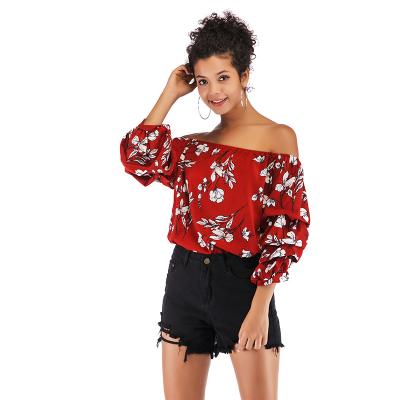 China Anti-pilling Women's Casual Tops Designs100% Polyester Chiffon Printing Floral Ruffle One Shoulder Blouse Women Top Blouse for sale