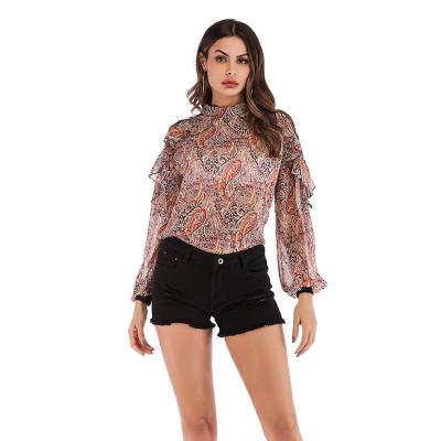 China F/W Customized Ruffle Women Blouse Design Print Puff Sleeve Ladies Chiffon Top Anti-pilling Blouse for sale