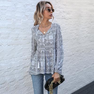 China Fashion OME graffiti design print blouse V-neck chiffon women's factory customized anti-pilling blouse women for sale