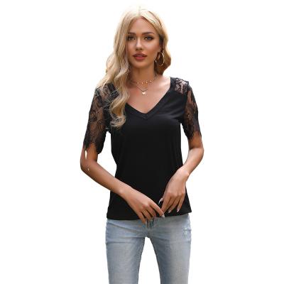 China 2021 Summer Anti-pilling V-neck Lace Short Sleeve Slim Solid T-shirt Fashion Tops for sale