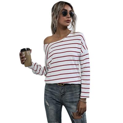 China Anti-Wrinkle Wholesale 2021 F/W Women's Casual Shirts Off Shoulder Stripe Long Sleeve T-shirt Women's Casual Shirts for sale