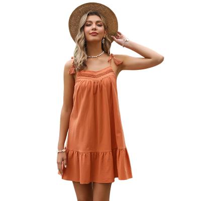 China Anti-wrinkle 2021 new summer solid color short skirt lace fringed fashion orange prickly suspender dress women for sale