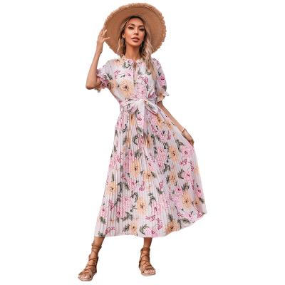 China 2021 Anti-wrinkle elegant flower dress with ruffle medium length casual pleated hawaiian dress for women for sale