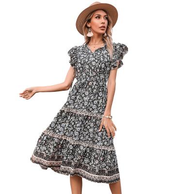 China 2021 New Summer Slim Anti-wrinkle Dress European and American Wooden Ear Sleeve Trumpet Flower V-neck Casual Dress for sale