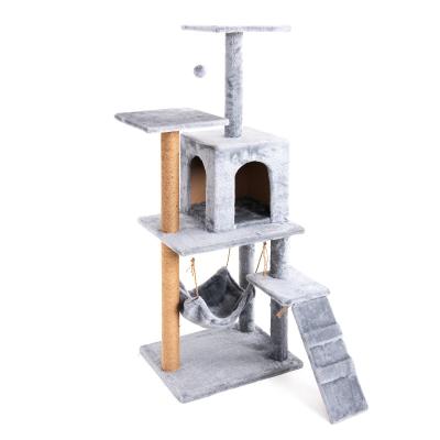 China Large Gray Elegant Kitten Houses Entertainment Wooden Wholesale Viable Striping Post Cat Tree for sale