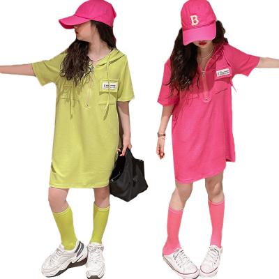 China Fashion Breathable Pure Cotton Pink Summer Casual Kids Dress Girls High Quality Hooded Dress 6-16 Years Princess Wholesale Dress for sale