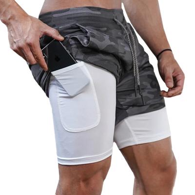 China Double Layer Compression Breathable Breathable 2 In 1 Printed Fitness Boxer Gym Workout Sports Side Pocket Phone Pocket Mens Running Shorts for sale