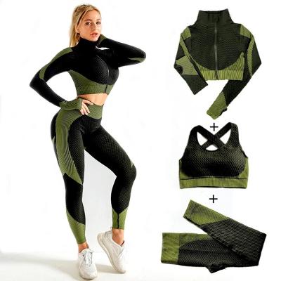 China Breathable Seamless Sportswear Gym Sportswear Suit Yoga Wear Running Leggings Set Women 3 Pieces for sale