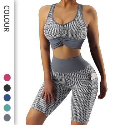 China Summer Breathable Mesh Honeycomb Yoga Suit Set Sports Beauty Back Bra Waist Butt Lift Fitness Pants Honeycomb Pocket High Yoga Suit for sale