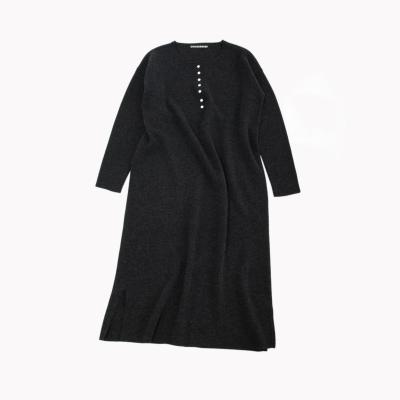 China Autumn Winter Women Relaxed Casual Breathable Knitted Dress Women Henley Neck No Merino Wool Midi Long Sleeve Cashmere Sweater Dress for sale