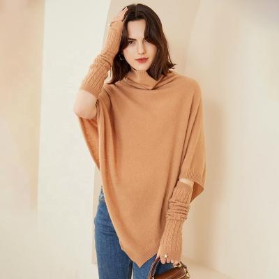 China Women's Winter Relaxed Style Knitted Edge Hood Neck Cashmere Wool Asymmetrical Caps Stole Poncho Women for sale