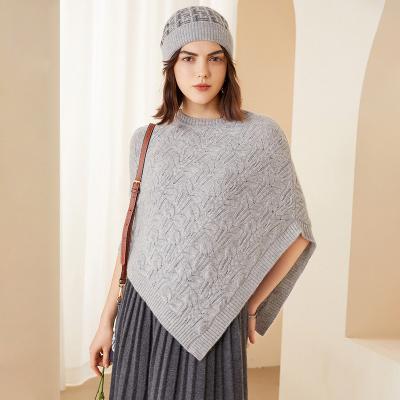 China Relaxed Style Women's Winter Knitted Asymmetrical Edge Cable Knit Pure Cashmere Wool Capes Stole Poncho Women for sale